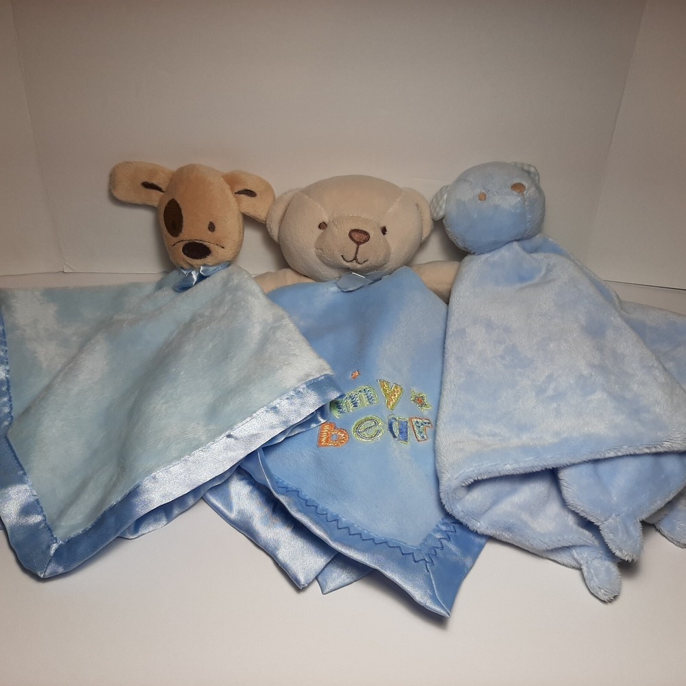 Baby Boy Blue Lovey Security Blanket Nunu Plush Teddy Bears Dog - 3 Blankets